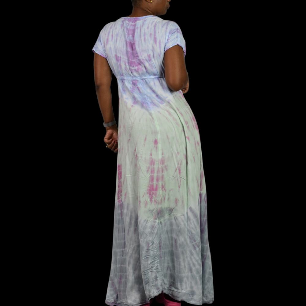 Pastel Tie Dye Maxi Swim Coverup Dress Blue Open Front Plunge Thigh Patio Small - Picture 2 of 14